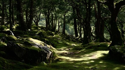 Sunlit path through a mossy forest.