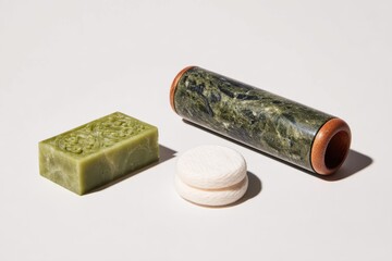 Aesthetic arrangement of jade and soap items on a minimalist background showcasing natural textures