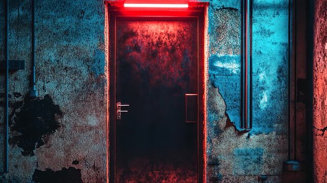 Grungy doorway illuminated by red neon light