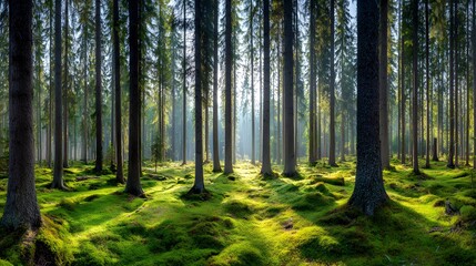 Sunlit forest floor with tall trees.