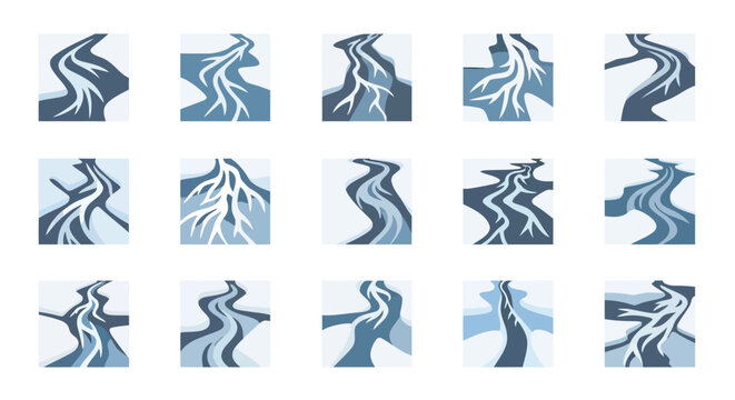 Collection of Stylized River and Tributary Illustrations in Blue Tones