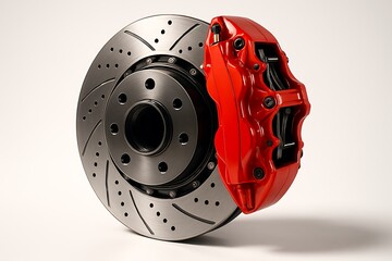 car brake system with red caliper and perforated brake rotor