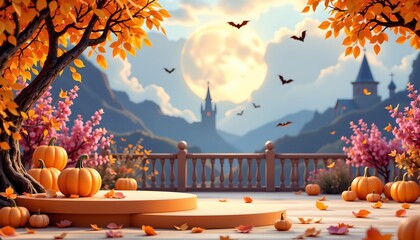 A serene autumnal scene at sunset. A well maintained path with a wooden fence runs through an abundance of fallen leaves, predominantly in shades of pink and orange, suggesting the arrival of fall