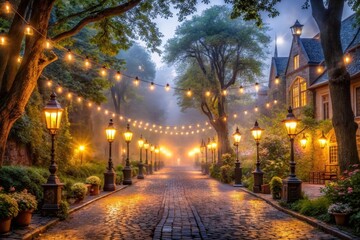 Obraz premium Misty Evening Stroll Along a Cobblestone Lane with Glowing String Lights and Elegant Lampposts