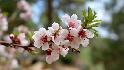 Obraz premium Bees are busy pollinating vibrant pink cherry blossoms in a beautiful garden during spring.