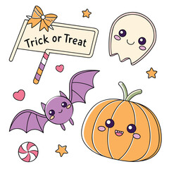 Charming halloween kawaii sticker set featuring adorable pumpkins and friendly ghosts in vibrant cmyk colors with classic font support