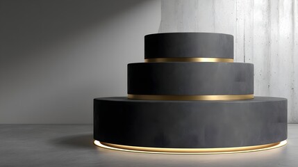Three tiered dark gray display podiums with gold accents.