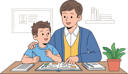 Father patiently guides his son's learning at a desk with books and plant.