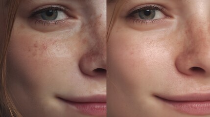 Close-up comparison of girl's facial skin, showing visible transformation. Left: skin with enlarged pores, pigmentation, uneven texture. Right: noticeably smoother fair skin