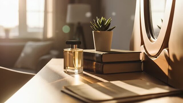 Elegant Perfume Bottle on a Wooden Dressing Table with Warm Morning Sunlight Streaming Through a Window Creating a Cozy Atmosphere