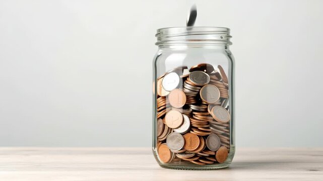 Saving money glass jar filled with coins wooden table showing cost of living increase, inflation impact personal finance and household savings