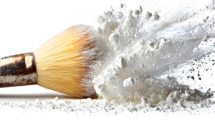 Powdered cosmetic product is dispersed around a makeup brush.