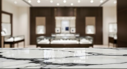 Marble Countertop in Jewelry Store with Blurred Display Cases Background