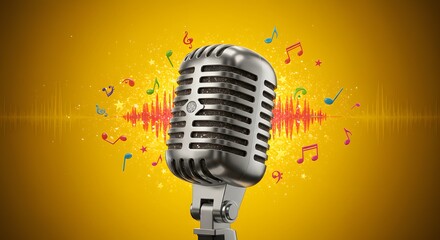 A silver microphone with musical notes and sound waves on a vibrant yellow and orange background design