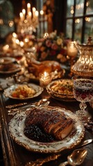  Experience an elegant holiday dinner scene featuring a beautifully set table, warm candlelight, and gourmet dishes, perfect for festive celebrations with loved ones.