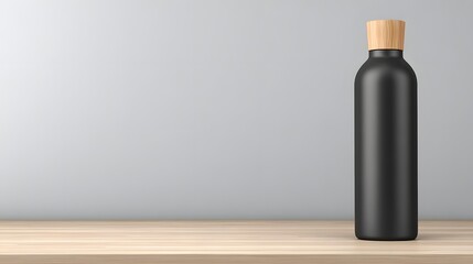 Blank black bottle with wooden cap on a light wood surface.