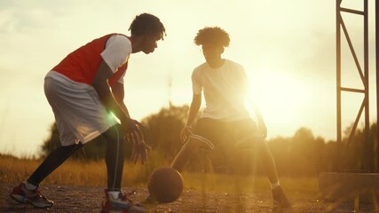 Basketball and streetball, black teens playing outdoors in summer, slow motion. African american adolescents training on open basketball court, sport activity and active leisure, hobby of modern youth - Powered by Adobe
