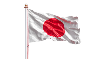 A japanese flag waving on a pole against a black background with a red circle in the center