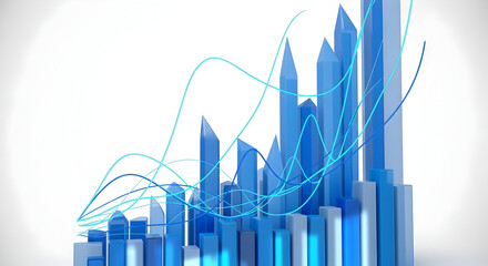 Dynamic Blue Bar Chart Showing Growth Trend with Abstract Flowing Lines, Representing Financial Increase and Business Development