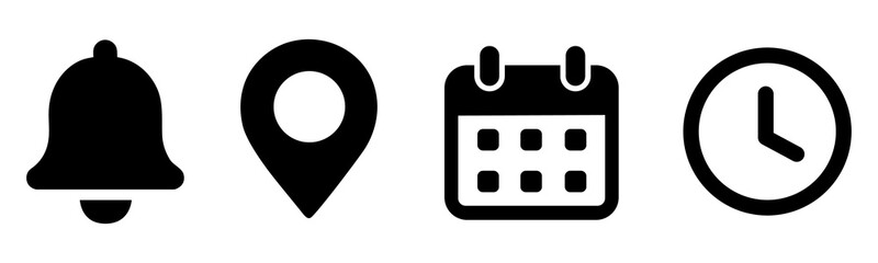 Location, time, calendar and notification bell icons set. Flat simple illustrations of pin, date, clock and bell