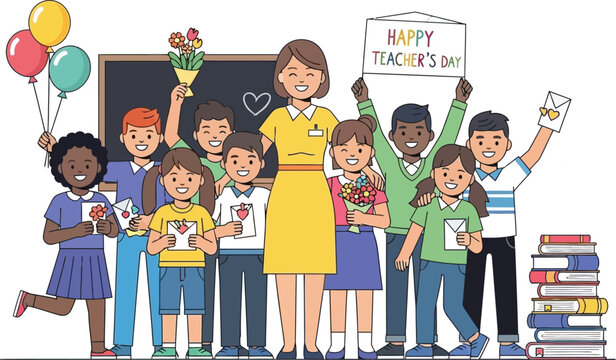 Joyful students celebrate teacher with gifts and balloons on special day