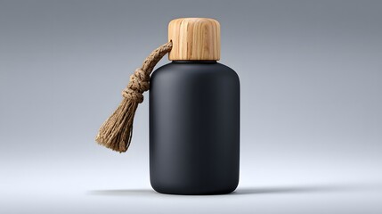 Empty black bottle with wooden cap and jute tassel.