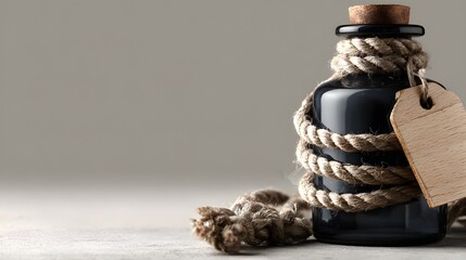 Dark glass bottle wrapped with rope and a wooden tag.