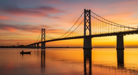 A scenic view of a long bridge over water with a boat during a vibrant sunset or sunrise hour