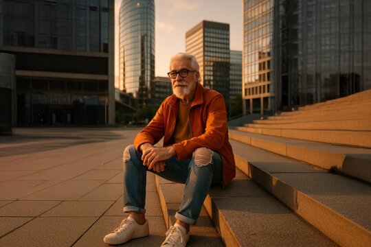 Stylish senior man in orange jacket sitting on city steps at sunset, smiling confidently.