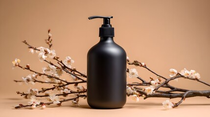 Black pump bottle with delicate spring blossoms.