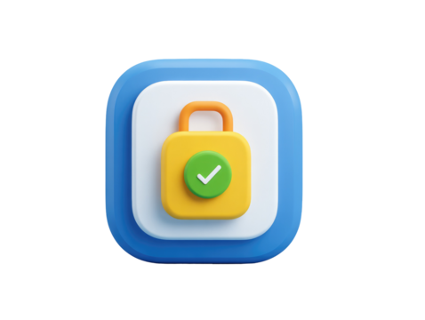 Square app icon, a 3D padlock with a checkmark.  Bright colors,  a secure design