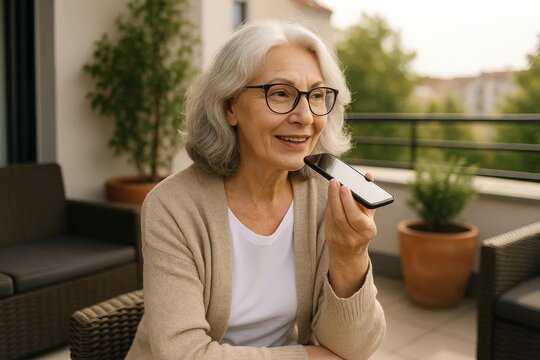 Senior woman speaking into a smartphone using voice command while sitting outdoors on a balcony.