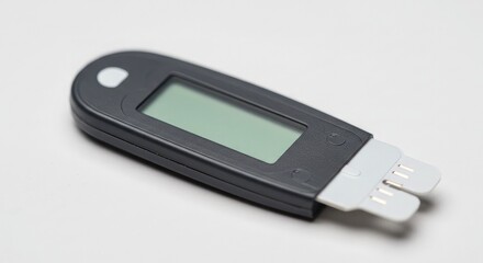 Diabetes blood glucose meter with test strips ready for a blood sugar reading for health monitoring and medical analysis