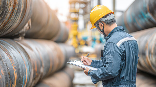 Male engineer or inspector examines a stack of large, rusty metal pipes in outdoor industrial setting, taking notes on clipboard. His hard hat, uniform indicate focus on safety, professional oversight