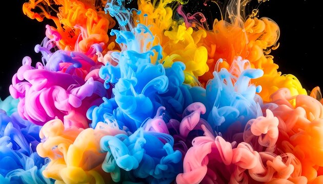 Vibrant explosion of colorful ink clouds in water