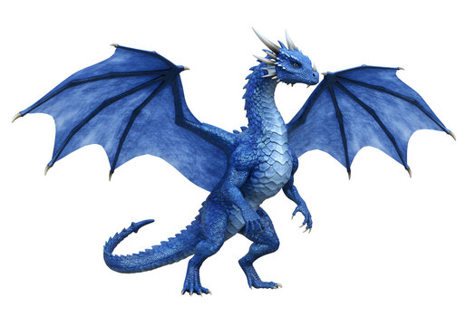 Majestic blue dragon with detailed scales and outspread wings against a black background