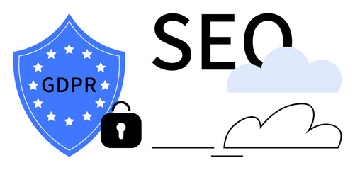 GDPR badge with stars, lock representing data protection, SEO text, and cloud motif. Ideal for data privacy, security, compliance, digital marketing, cloud computing online safety simplified flat