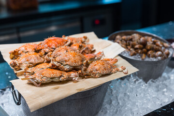 Fresh frozen crab served at seafood buffet
