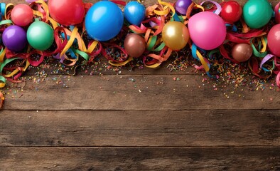 Colorful balloons and confetti on rustic wood