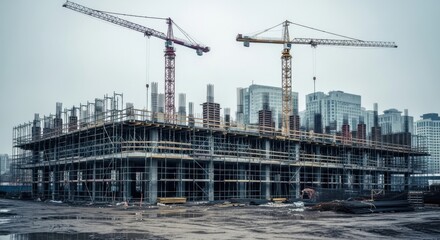 Towering Cranes Oversee Urban Construction Site with Skeletal Building Structure