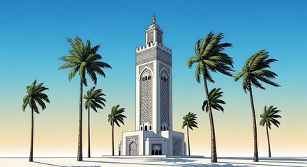 Towering minaret framed by swaying palms under a clear sky evokes a sense of tranquil grandeur