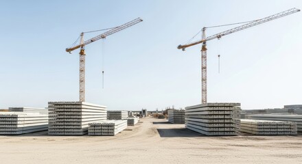 Towering Cranes Oversee Vast Stacks of Prefabricated Concrete Beams Under Clear Blue Sky