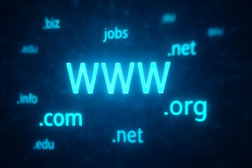 futuristic digital network with glowing domain extensions and www, neon blue symbols of internet connectivity and online presence