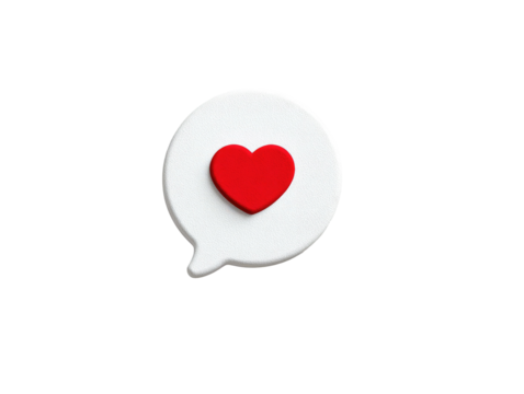 A white speech bubble with a red heart inside