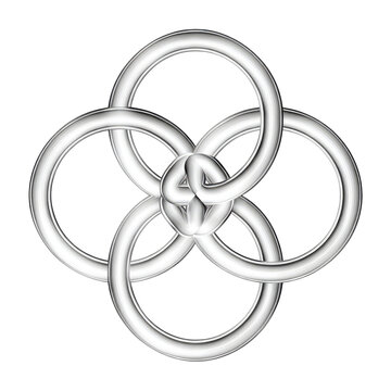Intertwined, symmetrical rings form a complex, geometric design.  Four rings, seemingly interwoven, create a circular pattern.  A central knot-like intersection is evident.  