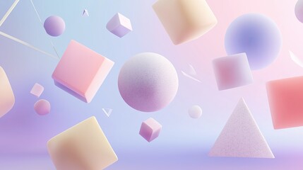 3D geometric shapes floating in a pastel gradient background.