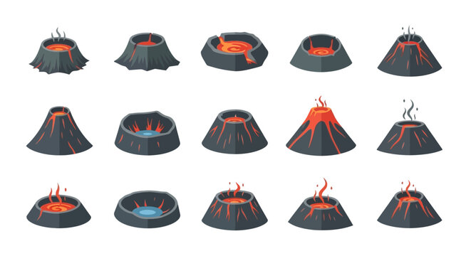 Stylized isometric volcano icon set showing various stages of activity, from dormant to erupting with lava and smoke.