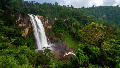 Lush Rainforest Waterfall Cascading Down Rocky Cliffs