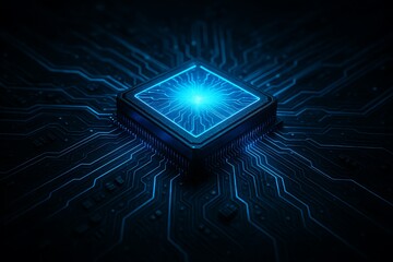 high tech glowing processor with blue light, representing cutting edge computing and digital innovation in a futuristic environment