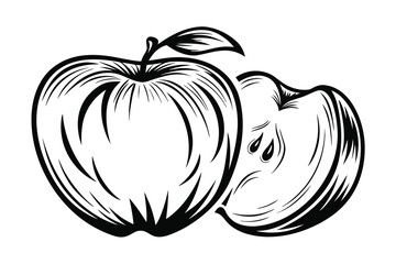 Line Art of Apple and Apple Slice with Leaf Details on White Background